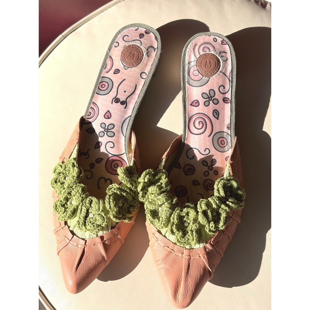 Morenatom Leather Pointed Toe Mules Peach Crochet Floral Flats EU 38